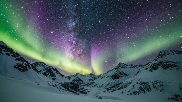 Aurora borealis dancing across a starry night sky over snowy mountains