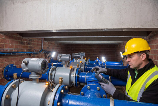 Municipal Water Utility Technician Testing Flow Meter and Acoustic Leak Detection Sensors on Blue Pipeline in Underground Vault