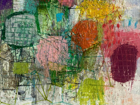 Abstract painting of overlapping polygon shapes in orange, pink, burgundy and green, scored with fine scratched grids and thin green and black lines on a pale speckled ground.
