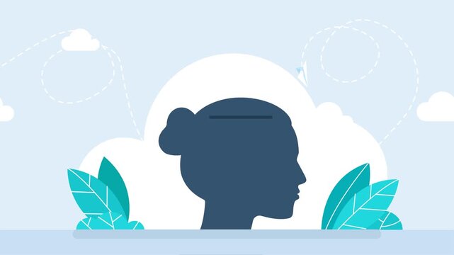Seeking answer. Thoughts enter the brain. Propaganda. Silhouette of woman`s head. Sideways. Influence of others on a person's thinking. Thinking and opinion of internal voice. 2d flat animation