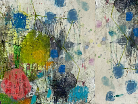 Abstract painting with blue square marks and soft pastel dots on a cream ground, connected by olive green lines, with yellow-green and coral shapes and dark graphite arcs on the left.