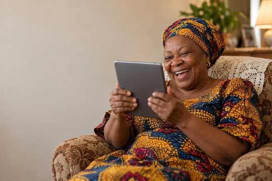 Joyful senior african woman in colorful headwrap laughing on video call with tablet in cozy armchair at home