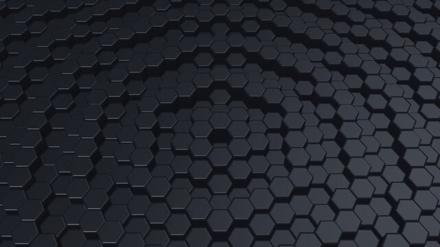 Black 3D hexagon background with sleek geometric ripple wave loop 4K