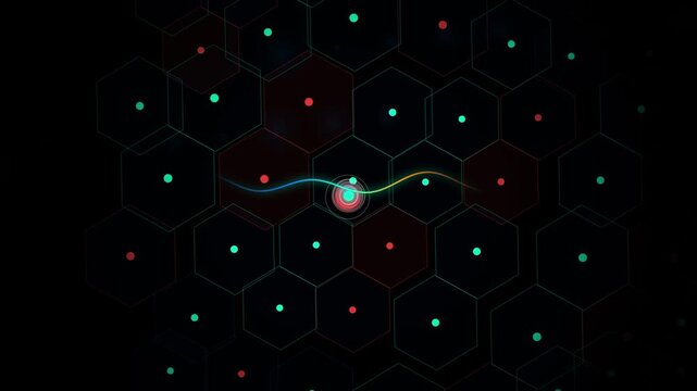 Abstract digital hexagon pattern with pulsing center light and fluid neon wave graphics.