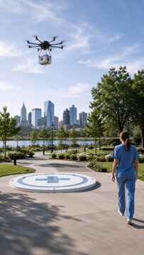 A medical drone carries a supply box above a helipad in an urban park as a healthcare worker in scrubs walks nearby with city skyline in the background on a clear day.