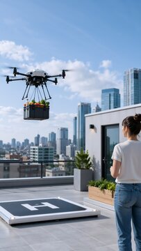 A drone carrying a crate of groceries flies toward a rooftop helipad while a woman watches, set against a city skyline under a clear blue sky.