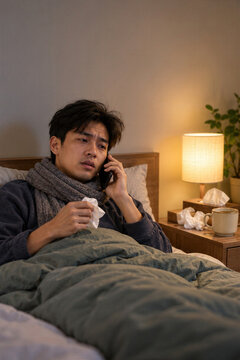Sick young asian man in scarf lying in bed with tissue calling doctor on phone, cold, flu symptoms at home