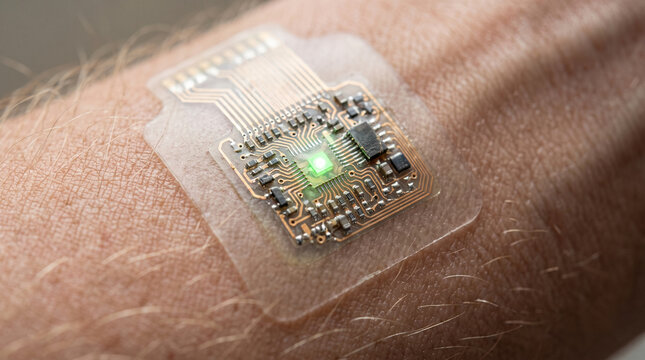 Close-up of flexible electronic circuit patch adhered to human skin