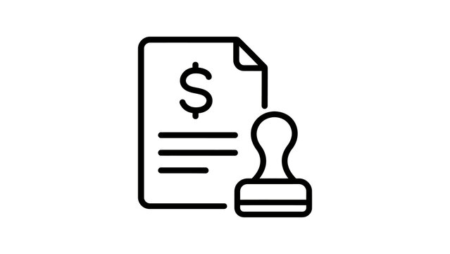 Black line icon featuring financial document with stamp for legal work.