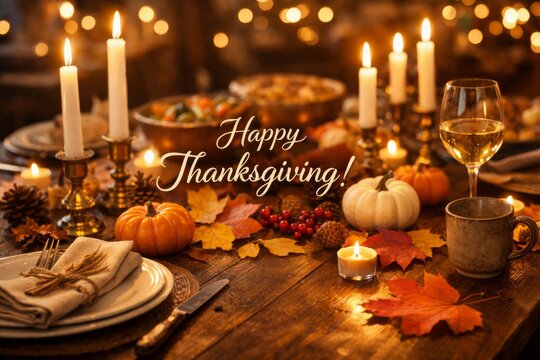 Warm thanksgiving table setting with candles pumpkins and autumn centerpiece for holiday background and cozy dinner banner design