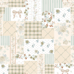 Fototapeta premium Vintage Cottagecore Floral Patchwork Seamless Pattern with Cross Stitch Roses, Gingham and Bows