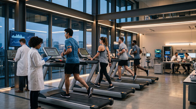 Scientists monitoring athletes on treadmills with advanced biofeedback sensors