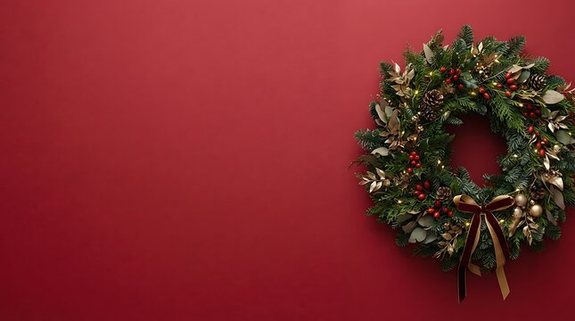 Minimalist Evergreen Wreath with Velvet Ribbon on Solid Crimson Backdrop