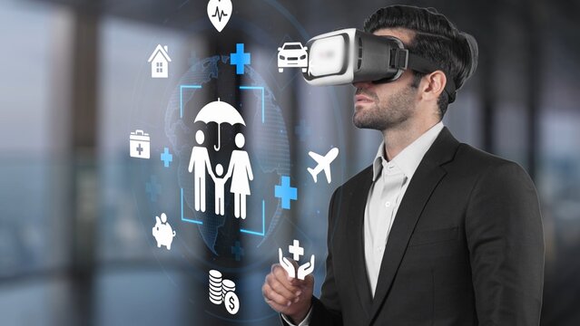 Businessman Wearing Virtual Reality Headset Engaged in Innovative Technology and Healthcare Concepts with Digital Health Icons and Global Background. Entropy.