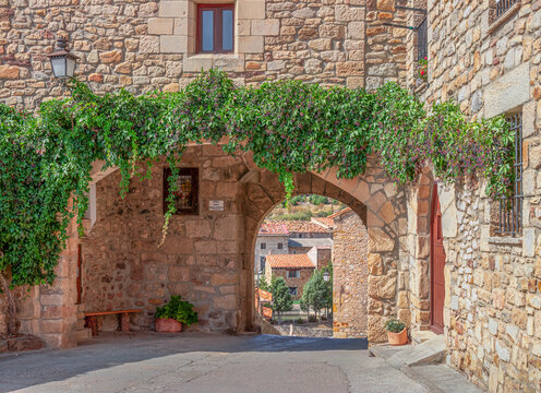 Arco de piedra cubierto de enredaderas verdes en Puertomingalvo, Teruel, que enmarca la belleza del casco antiguo y refleja el encanto rural y la arquitectura tradicional espa&ntilde;ola