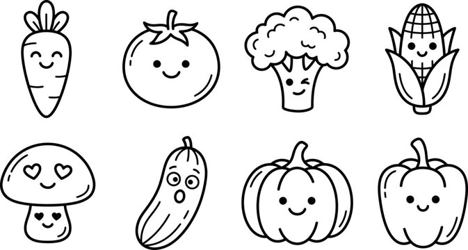 Cute cartoon vegetables with smiling faces in a simple black and white doodle style