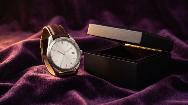 Luxury mens wrist watch and open gift box on purple velvet fabric
