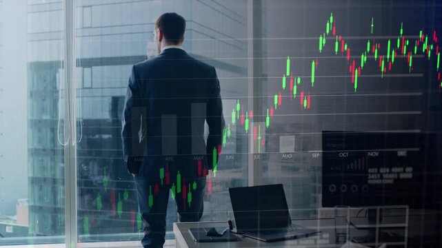 Animated candlestick stock chart motion graphic over businessman standing in office looking at city skyscrapers, finance concept