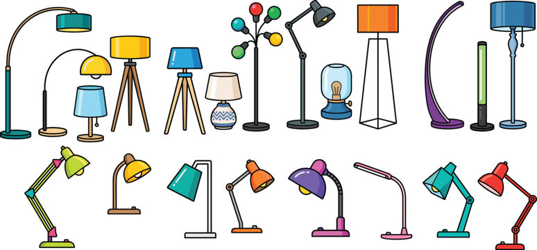 Colorful vector illustration of modern desk and floor lamps in various shapes and styles for home interior lighting design inspiration