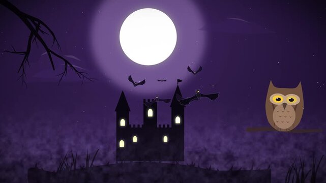 Animated spooky halloween night scene with flying bats around a haunted castle and an owl under a full moon