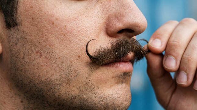 Close-up side profile of a man with a styled handlebar mustache, meticulously grooming it with his fingers.