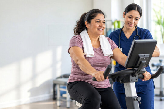 Smiling mature latina woman exercising on stationary bike with nurse support at cardiac rehabilitation session