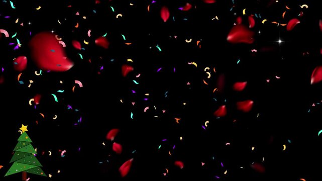 Red rose petals and colorful confetti falling continuously on a black background with a Christmas tree graphic.