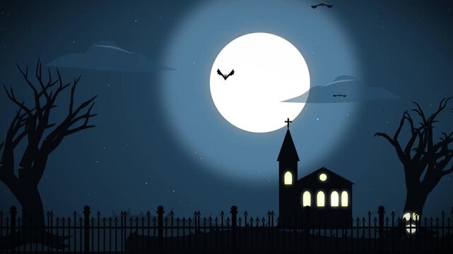 Spooky halloween night animation with bats flying over a haunted church and full moon
