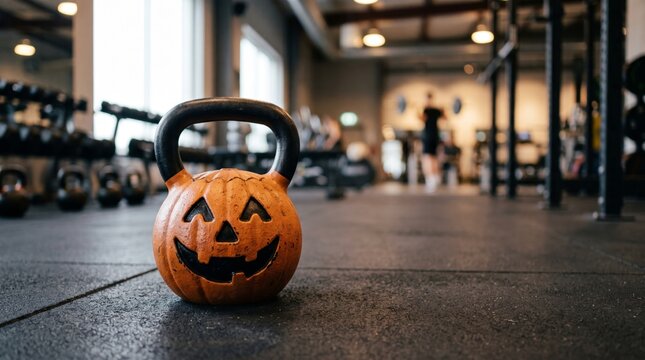 Orange Halloween pumpkin kettlebell on a modern gym floor, combining spooky seasonal fun with strength training