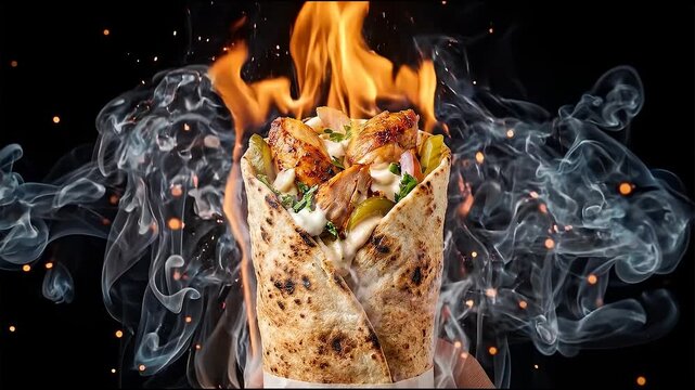 Flaming chicken shawarma wrap with smoke and sparks on a dark background, showcasing a hot and spicy Middle Eastern street food experience.