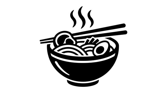 Black and white vector icon of a steaming bowl of hot ramen noodles with wooden chopsticks for Japanese food menus