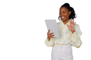 African woman engaging in a video call on a digital tablet, waving hand and smiling, communicating online © Komora