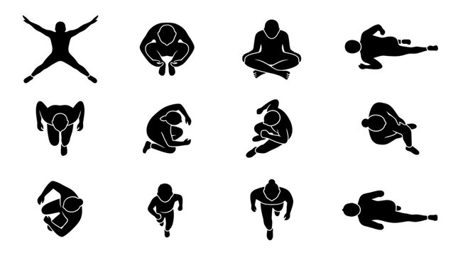 Set of black people silhouettes showing various top view poses including walking jumping sitting and lying down figures