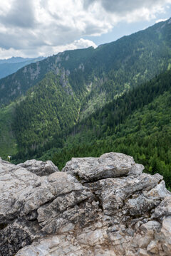 Rocky mountain viewpoint overlooking dense green coniferous forest slopes and layered blue ridges under a partly cloudy summer sky, vertical alpine landscape with copy space