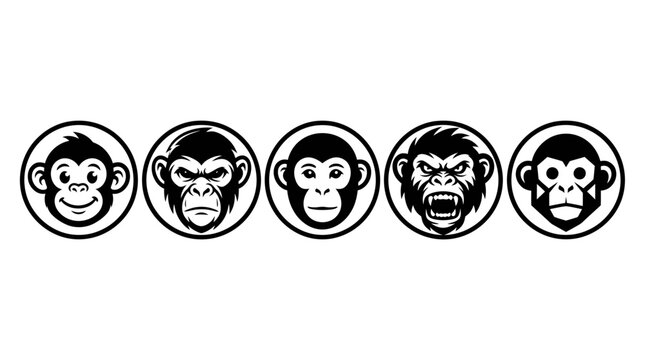 Set of five different monkey head icons showing various facial expressions in a clean black and white vector style