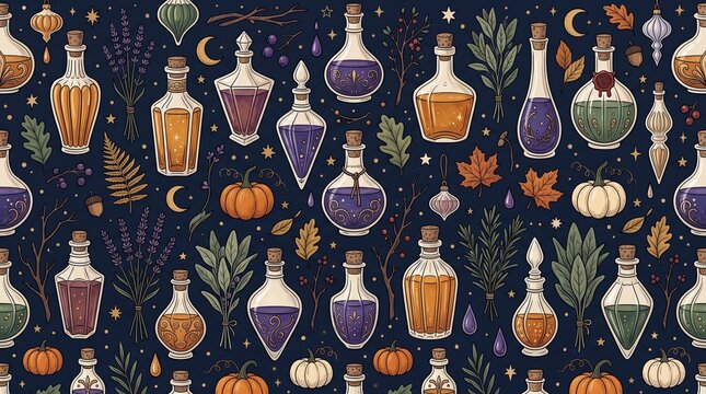 Seamless pattern featuring magical potion bottles, herbs, pumpkins, and autumn leaves on a dark blue background, mystical themed fabric, stationery, and festive seasonal party decorations