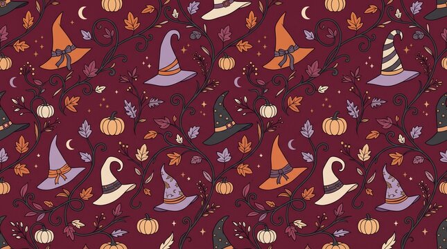 Seamless pattern featuring colorful witch hats, autumn leaves, pumpkins, and swirling vines on a dark purple background, festive halloween fabric, gift wrapping, and seasonal party decorations