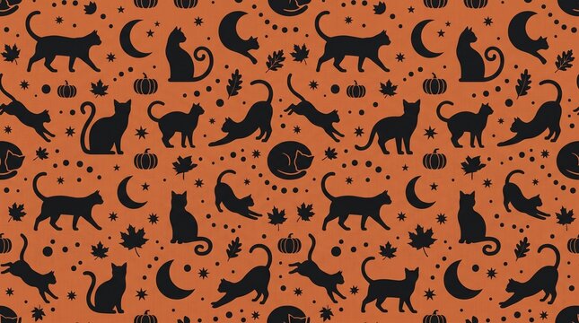 Playful halloween seamless pattern featuring black cat silhouettes, pumpkins, crescent moons, and autumn leaves on an orange background, spooky holiday decor and textile projects