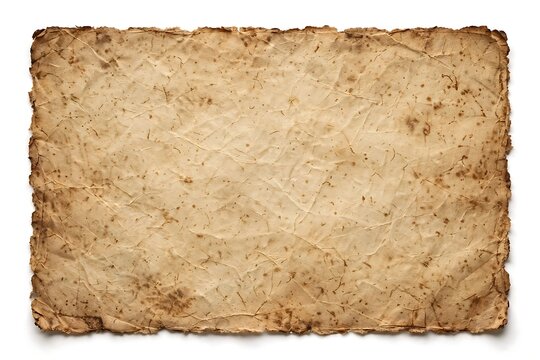 A rectangular sheet of aged parchment paper with rough deckled edges isolated on white background