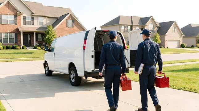Two professional service technicians in blue uniforms walking away from a white cargo van with red toolboxes and clipboards in a sunny suburban residential neighborhood for home maintenance.