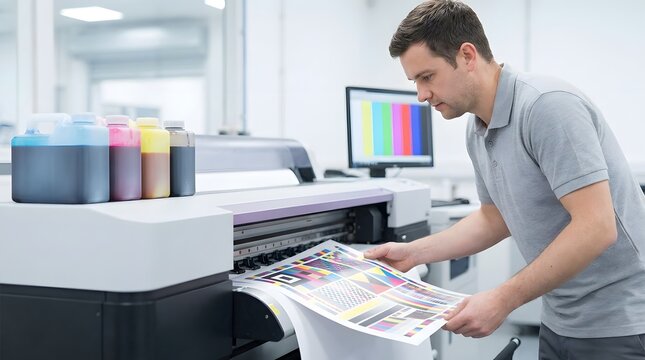 Professional technician inspecting a color test print output from a modern large format digital printer in a print shop, focusing on quality control and color accuracy in production.