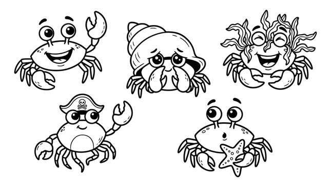 Set of cute cartoon crabs for coloring book page with funny characters including pirate and hermit crab line art style