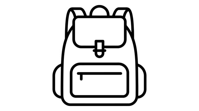 Simple black outline icon of a school backpack with a front pocket for students and travelers on a basic design style