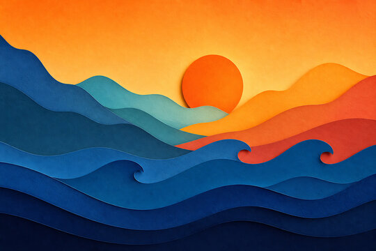 A layered paper art depiction of a vibrant sunset over rolling hills and ocean waves.