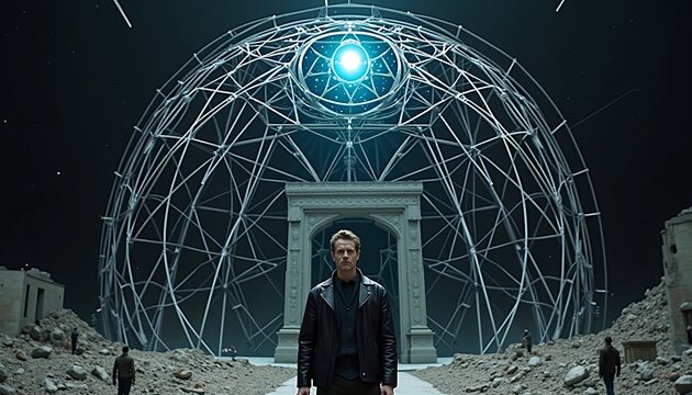 Futuristic Dome Structure with Glowing Orb and Standing Figure