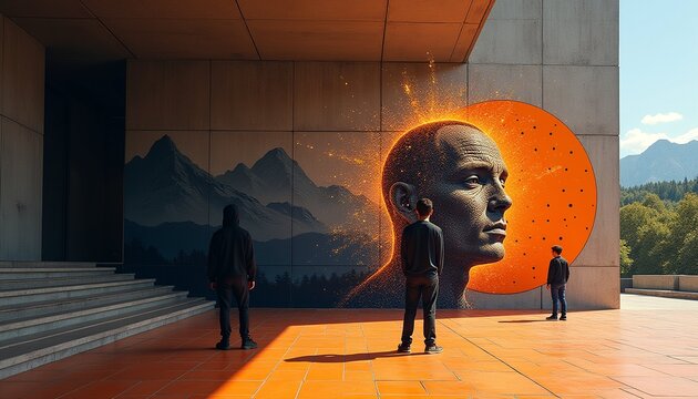 Mural of Human Head with Glowing Aura in Modern Architectural Space