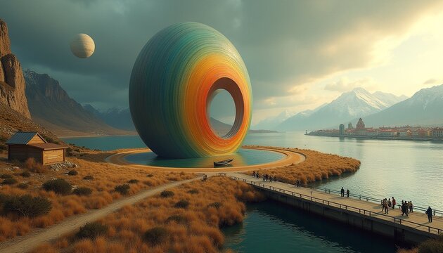 Giant Rainbow Torus Structure on Lake with Mountain Backdrop and Sunset Lighting