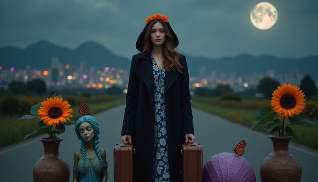 Mystical Traveler with Sunflower Crown and Suitcases Under a Full Moon