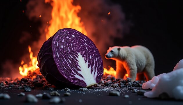Purple Cabbage Slice with Polar Bear and Fiery Scene