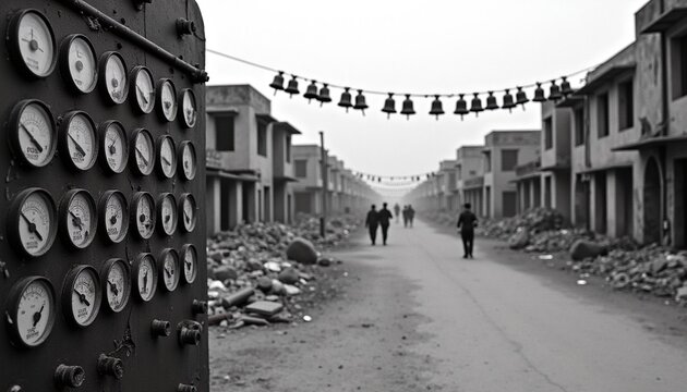 Desolate Urban Street with Industrial Gauges and Hanging Bells in Black and White